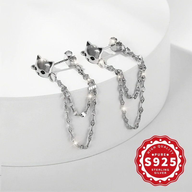 Women's S925 Silver Cat Double-Layer Lip Tassel Earrings — Elegant Gift